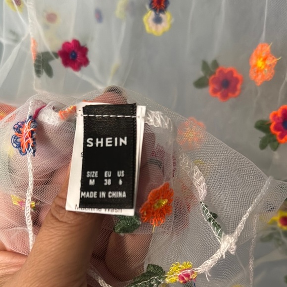 SHEIN Pink and Blue Sheer Embellished 3/4 Sleeve Blouse - Picture 5 of 6